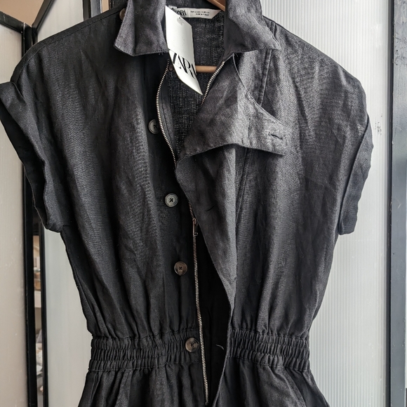 ZARA 100% Linen Cap Sleeve Zip Front Jumpsuit XS NEW - Picture 5 of 9